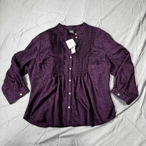 George ME Mark Eisen Purple Pintuck Blouse XL Dark Amethyst Button Down Top NWT